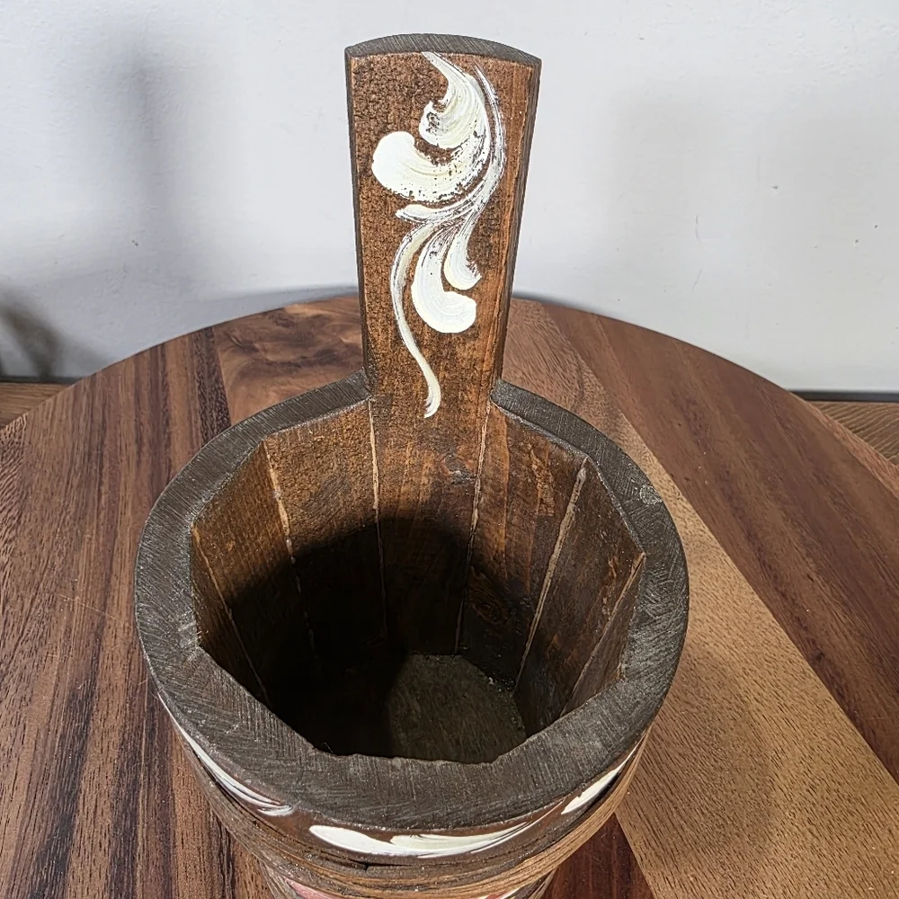 Vintage Handcrafted Small Wooden Pot with Floral Design Scandinavian Antique